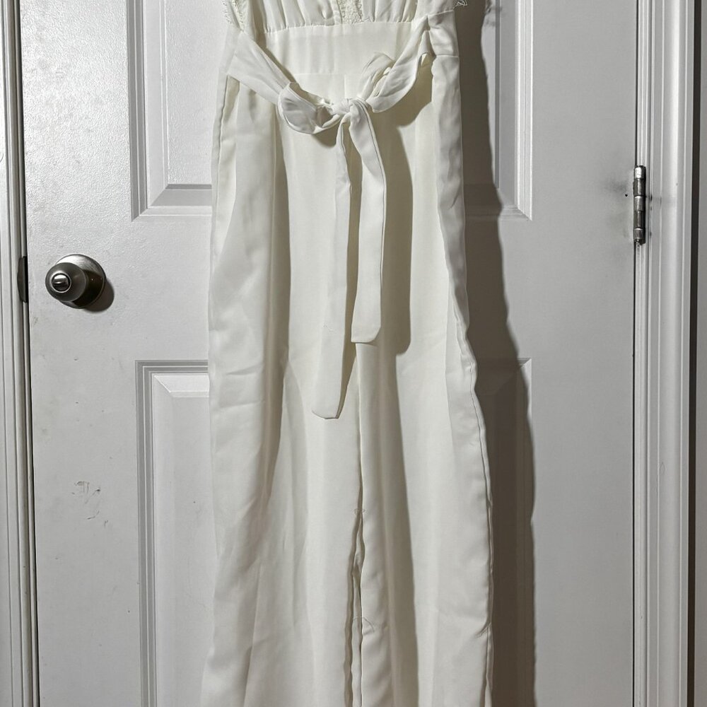 Altar’d State White Lace Trim Sleeveless Jumpsuit with Tie Waist - Picture 3 of 6